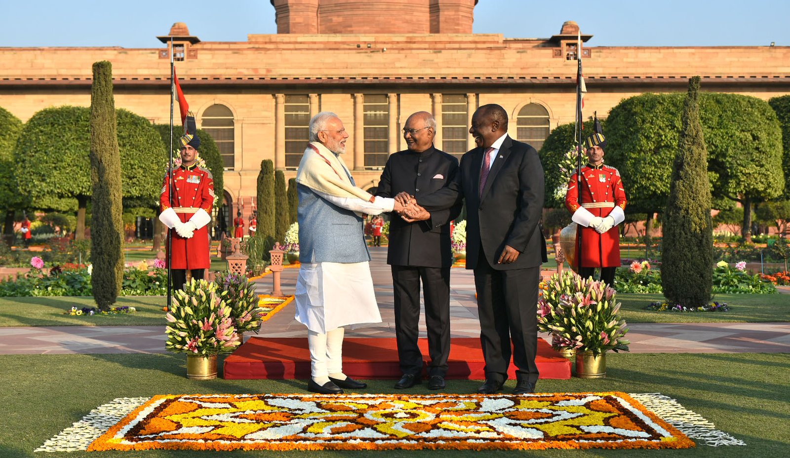 The President, Shri Ram Nath Kovind, the Prime Minister, Shri Narendra Modi and the Chief Guest of the Republic Day, President of the Republic of South Africa, Mr. Matamela Cyril Ramaphosa at the ‘At Home Reception’, on the occasion of the 70th Republic Day Celebrations, at Rashtrapati Bhavan, in New Delhi on January 26, 2019